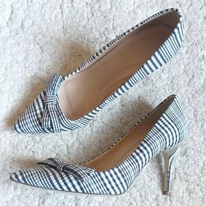 J. Crew Blue and White Heels with Bow and Pointed Toe